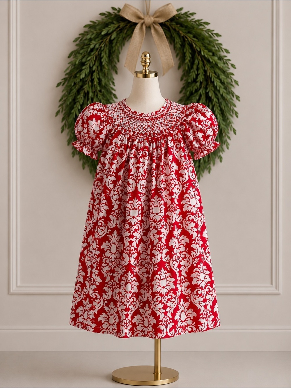 Le Za Me Smocked Bishop Dress Red White Fleur De Lis Christmas Valentines